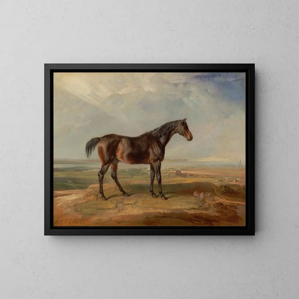 Een bruine racepaard bij de zee met een estuarium op de achtergrond - James Ward — ingelijst kunstwerk aan de muur