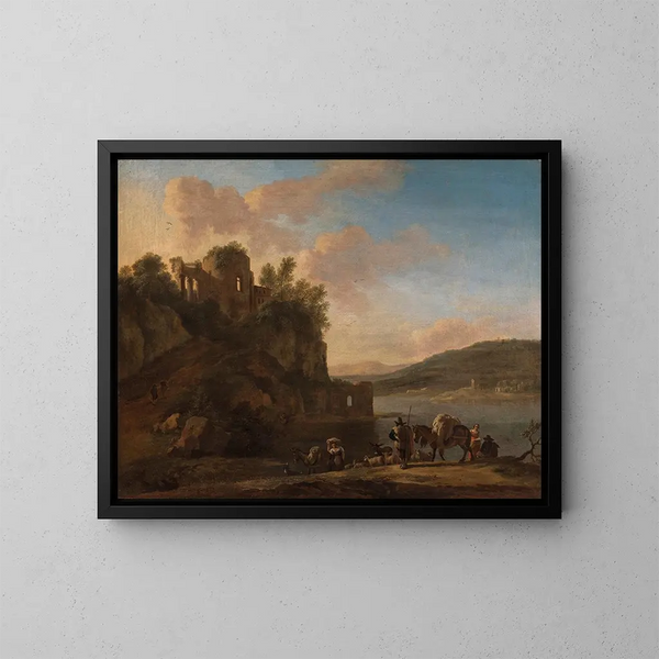 an Italian landscape with shepherds on a path with their flock and donkeys - Jan Asselijn — framed artwork on a wall