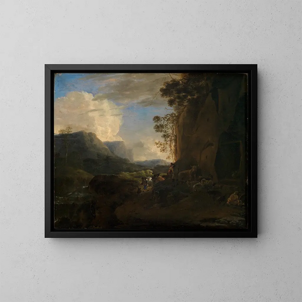 Valley mountainous rocky with stream and group of shepherds - Jan Asselijn — framed artwork on a wall