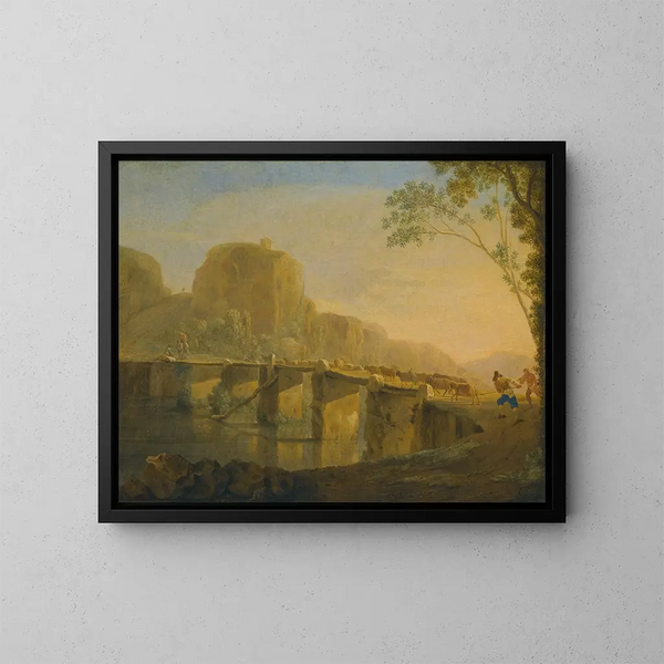 Landscape painting with shepherds and their flock crossing the Ponte Acquoria near Tivoli - Jan Asselijn — framed artwork on a wall