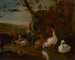 van een eend, een haan, kippen, ganzen, eenden, duiven en kolommen bij een put in een landschap - Jan Baptist Boel — weergave van het kunstwerk