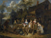 Een elegante compagnie in een landschap met verschillende vruchten en groenten, een man met een kruiwagen die van links binnenkomt - Jan Baptist Lambrechts — weergave van het kunstwerk