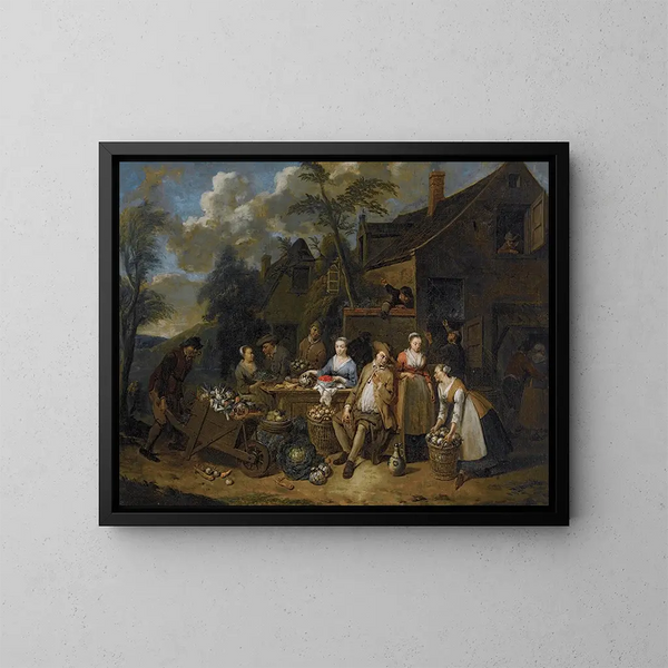 an elegant company in a landscape among various fruits and vegetables, a man with a wheelbarrow entering from the left - Jan Baptist Lambrechts — framed artwork on a wall
