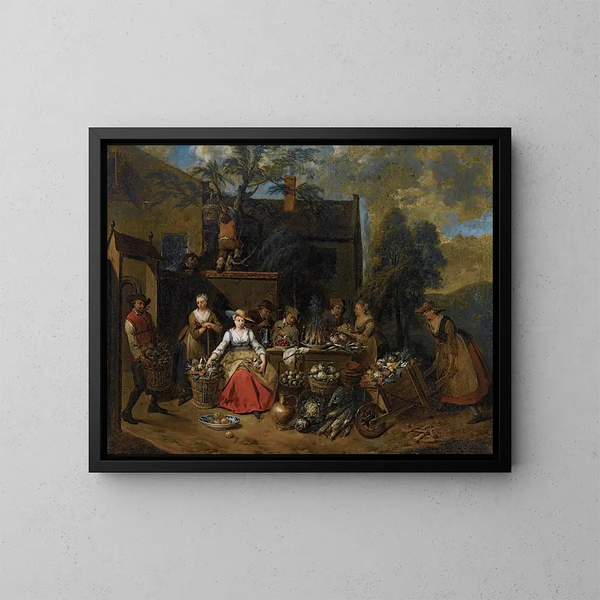 Elegant company in a landscape among various fruits and vegetables, a woman with a wheelbarrow entering from the right - Jan Baptist Lambrechts — framed artwork on a wall