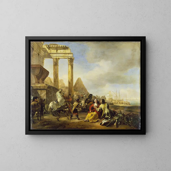 a coastal scene with classical ruins - Jan Baptist Weenix — framed artwork on a wall