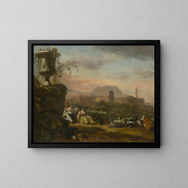 Roman landscape with shepherds - Jan Baptist Weenix — framed artwork on a wall