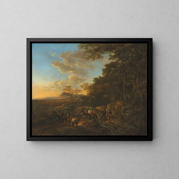 a wooded landscape with travelers crossing a ford - Jan Both — framed artwork on a wall