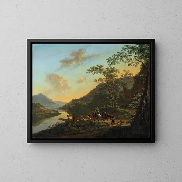 Italian landscape painting with ferry - Jan Both — framed artwork on a wall