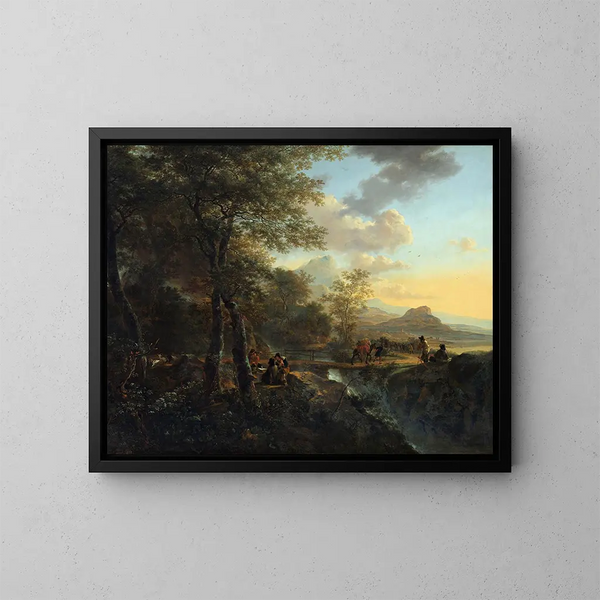 Italian landscape painting with a draftsman - Jan Both — framed artwork on a wall