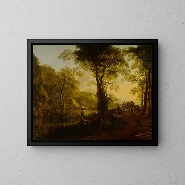 Landscape in italics at sunset with travelers on a country path - Jan Both — framed artwork on a wall