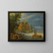 Een stad aan de oevers van een brede rivier met een zwaar beladen veerboot die nadert de oever op de voorgrond - Jan Brueghel de Jonge — ingelijst kunstwerk aan de muur