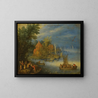 Jan Brueghel the Younger - A Town On The Banks Of A Wide River With A Heavily Laden Ferry Approaching The Shore In The Forgeound.webp