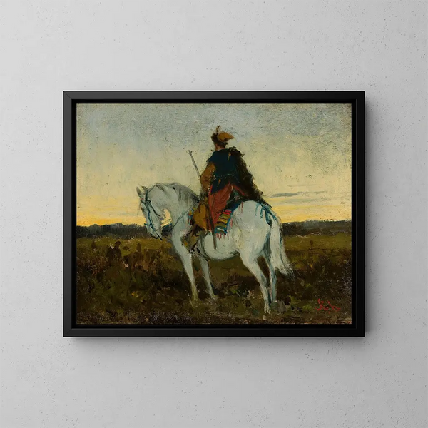 Cavalier oriental sur un cheval blanc - Jan Chełmiński — framed artwork on a wall
