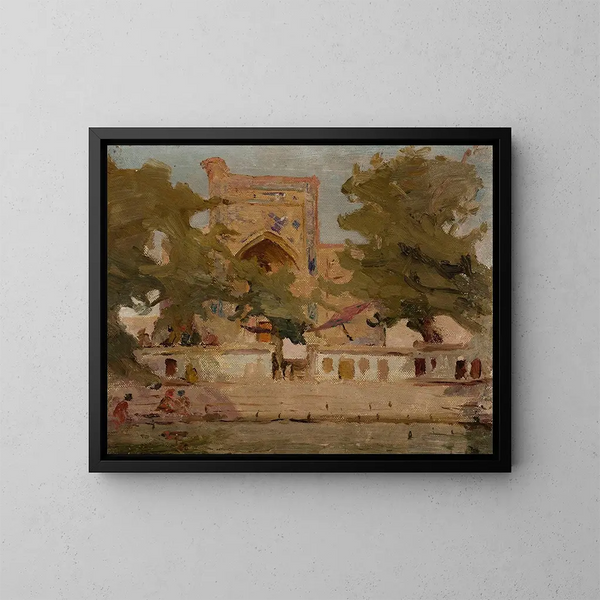 Moskee oud van Bukhara aan de rand van het meer - Jan Cybis — ingelijst kunstwerk aan de muur