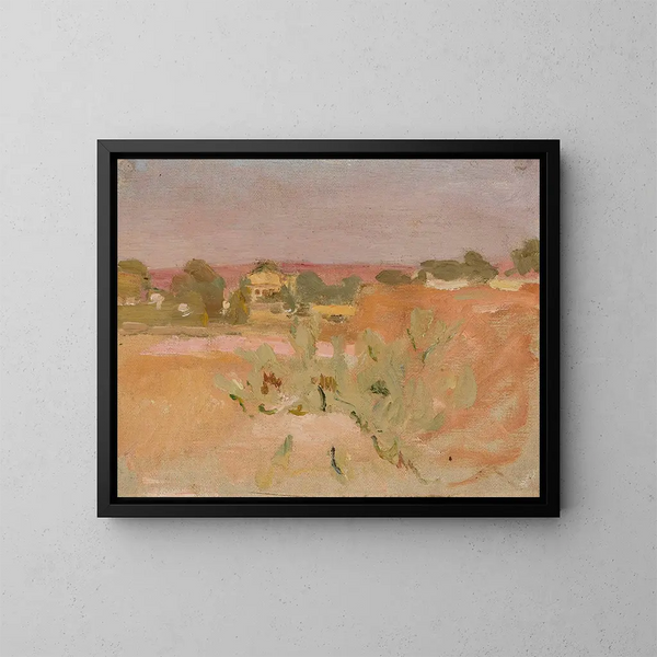 Landschap met roze en cactussen - Jan Cybis — ingelijst kunstwerk aan de muur