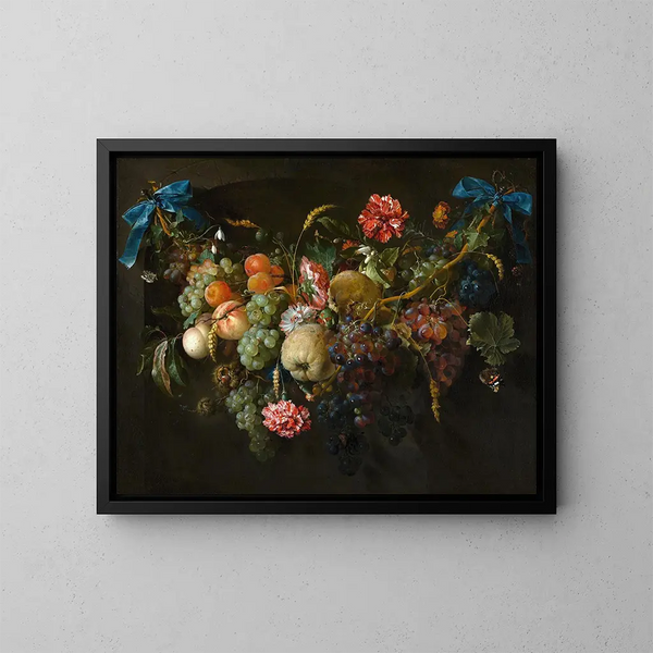 Fruit and Flower Garland Painting - Jan Davidsz de Heem — framed artwork on a wall