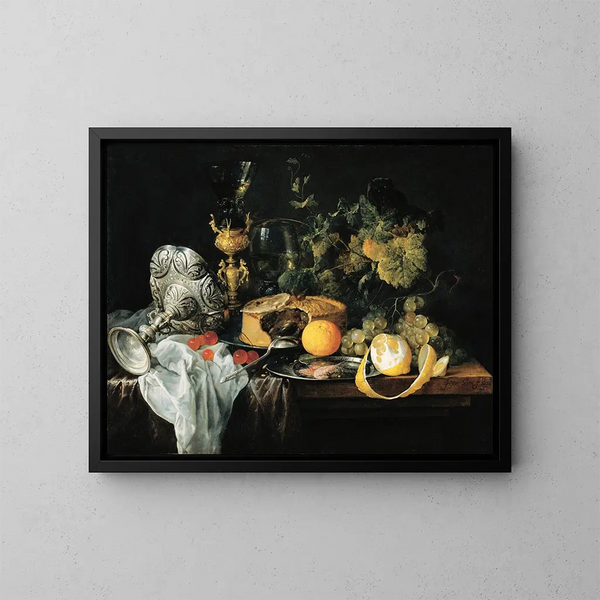 a sumptuous still life with fruit tart and cups - Jan Davidsz de Heem — framed artwork on a wall