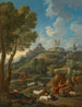 a classic Italian landscape with a shepherd and his flock, other characters, and a city on top of a hill beyond - Jan Frans van Bloemen — artwork view