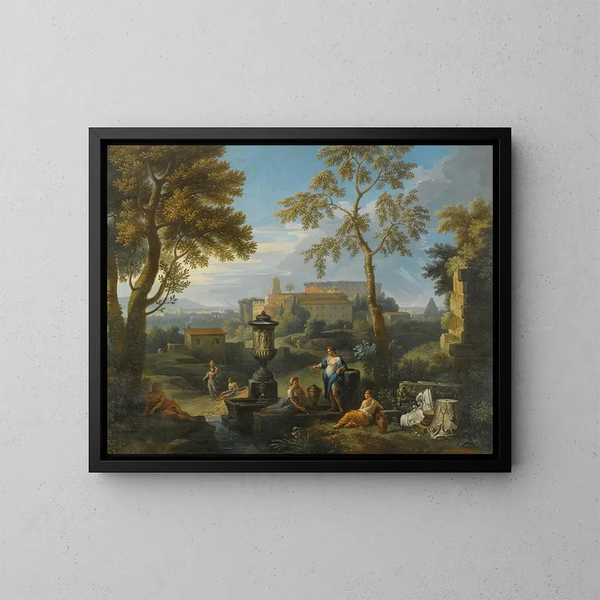 Classic seated figures painting near ruins in an Italian landscape - Jan Frans van Bloemen — framed artwork on a wall