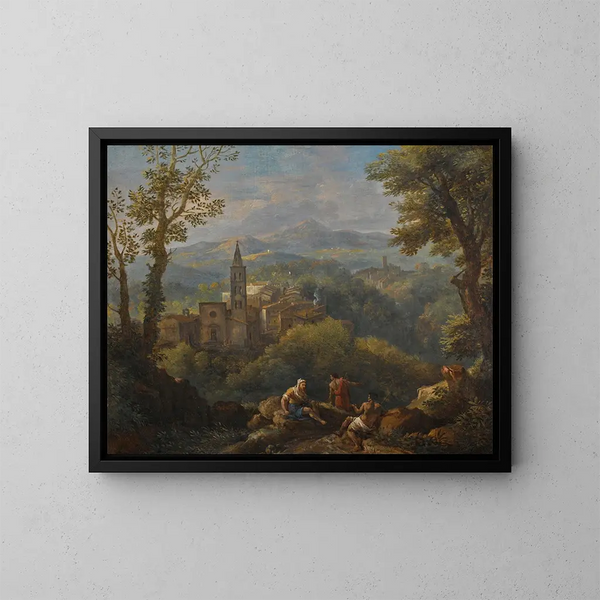 Landscape painting in italics with three figures in the foreground, perched villages, and a church in the distance - Jan Frans van Bloemen — framed artwork on a wall