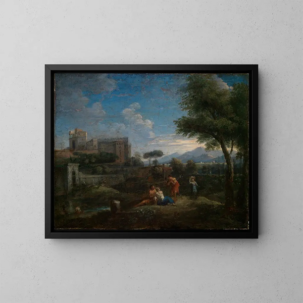 Classic landscape painting near Rome with a view of the Vatican Belvedere - Jan Frans van Bloemen — framed artwork on a wall