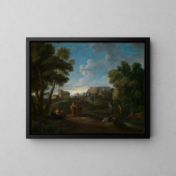 Classic landscape painting near Rome with view of the Palatine Hill over the Colosseum - Jan Frans van Bloemen — framed artwork on a wall