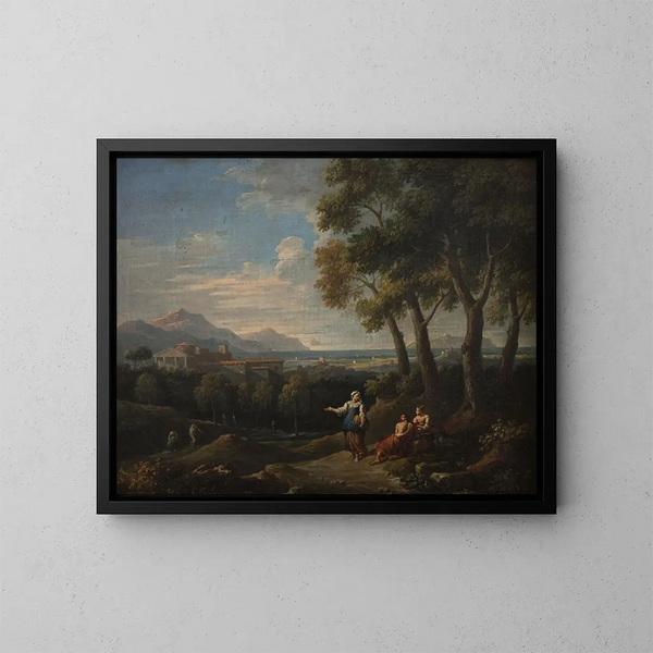 Landscape with a genre scene - Jan Frans van Bloemen — framed artwork on a wall