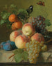 van een stilleven met perziken, druiven en pruimen op een stenen rand met een vogel en een vlinder - Jan Frans van Dael — weergave van het kunstwerk