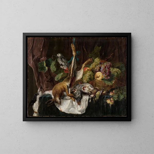 Hunting still life painting with parrot - Jan Fyt — framed artwork on a wall