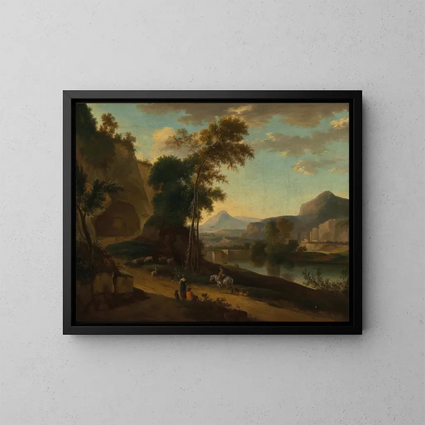 a vast river landscape with travelers - Jan Hackaert — framed artwork on a wall