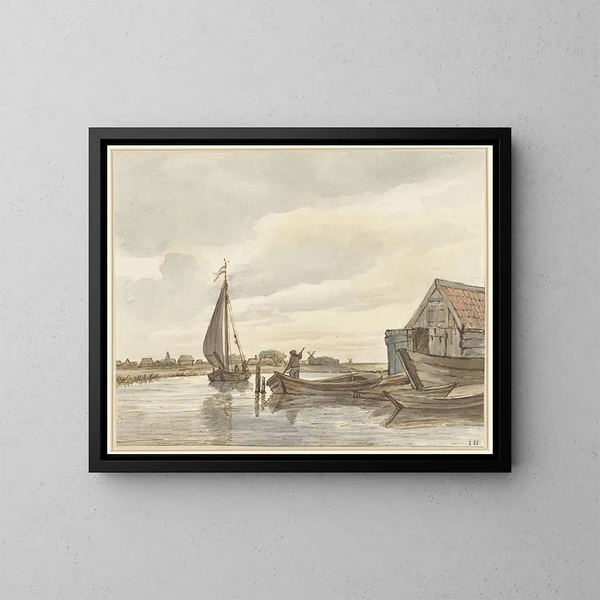 Some boats on a canal - Jan Hulswit — framed artwork on a wall
