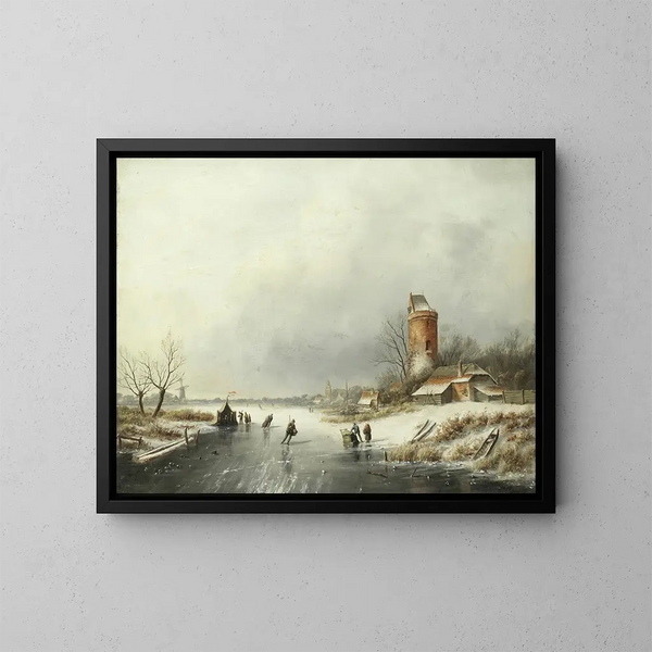 a winter landscape with figures on the ice - Jan Jacob Coenraad Spohler — framed artwork on a wall