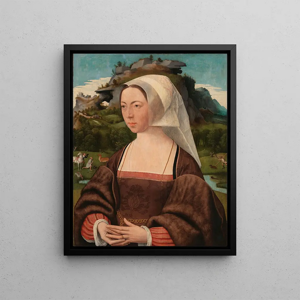 Portrait of an Unknown Woman - Jan Jansz Mostaert — framed artwork on a wall