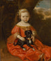 Portret van een jong meisje in een rode jurk met haar hond in een landschap - Jan Jansz de Stomme — weergave van het kunstwerk