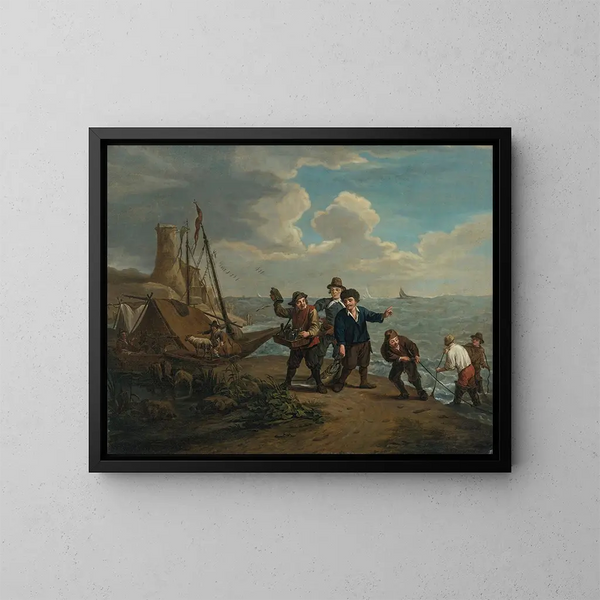a merchant selling spirits to fishermen along a windy coast - Jan Josef Horemans the Younger — framed artwork on a wall