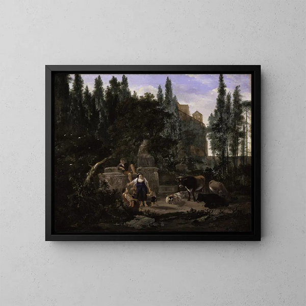 Een Italiaans landschap met figuren en vee - Jan Lapp — ingelijst kunstwerk aan de muur