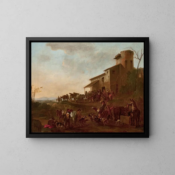 Scene in front of a tavern - Jan Miel — framed artwork on a wall