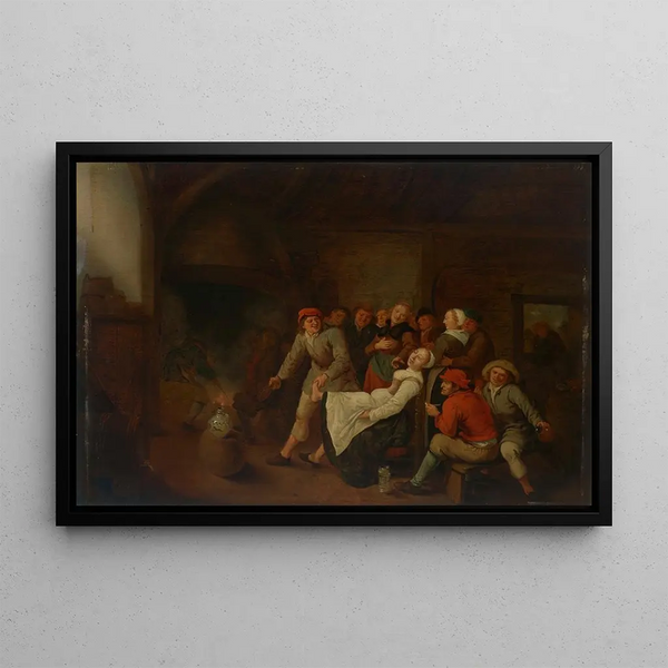 Interior tavern painting with peasants having fun - Jan Miense Molenaer — framed artwork on a wall