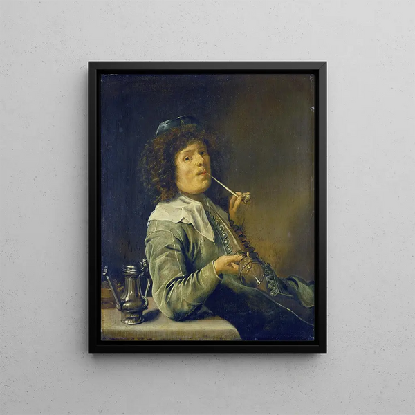 a smoking man holding an empty glass of wine - Jan Miense Molenaer — framed artwork on a wall