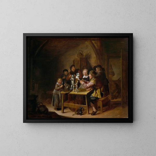 The Peasants Learning a Cat and a Dog to Dance - Jan Miense Molenaer — framed artwork on a wall