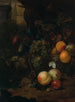 van een fruitmand in een mand met een slak, een libel en een muis op een rots, een landschap daarachter - Jan Mortel — weergave van het kunstwerk