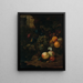 van een fruitmand in een mand met een slak, een libel en een muis op een rots, een landschap daarachter - Jan Mortel — ingelijst kunstwerk aan de muur