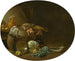 Natuurlijke keukenstill life met een haas, eend, artisjokken, kool, peren, een vis op een terracotta schaal en pannen - Jan Olis — weergave van het kunstwerk