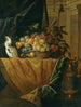 Natuurstudie met een mand fruit en een parkiet op een gedrapeerde damasten rand naast een porfieren vaas met verguld brons - Jan Pauwel Gillemans de Jonge — weergave van het kunstwerk