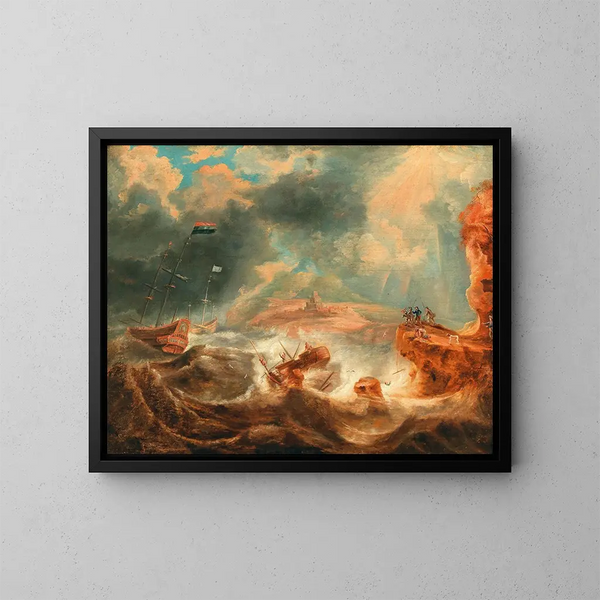 a shipwreck off a rocky coast - Jan Peeters the Elder — framed artwork on a wall