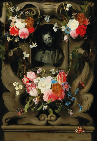 Jan Philips van Thielen - A garland of flowers surrounding a cartouche with a bust of Christ.webp