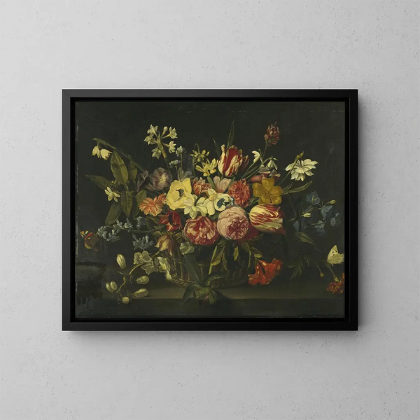 a still life of flowers in a basket - Jan Philips van Thielen — framed artwork on a wall