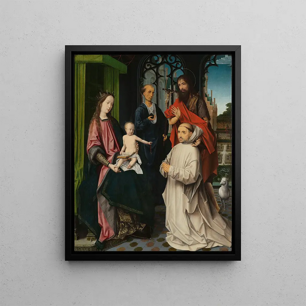 Virgin and Child in Majesty with Saints Jerome and John the Baptist and a Carthusian Monk - Jan Provoost — framed artwork on a wall
