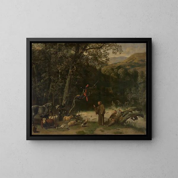 Saint François d'Assise prêchant aux animaux - Jan Siberechts — framed artwork on a wall