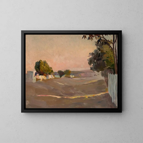 Landschap met huizen en een hek - Jan Stanisławski — ingelijst kunstwerk aan de muur